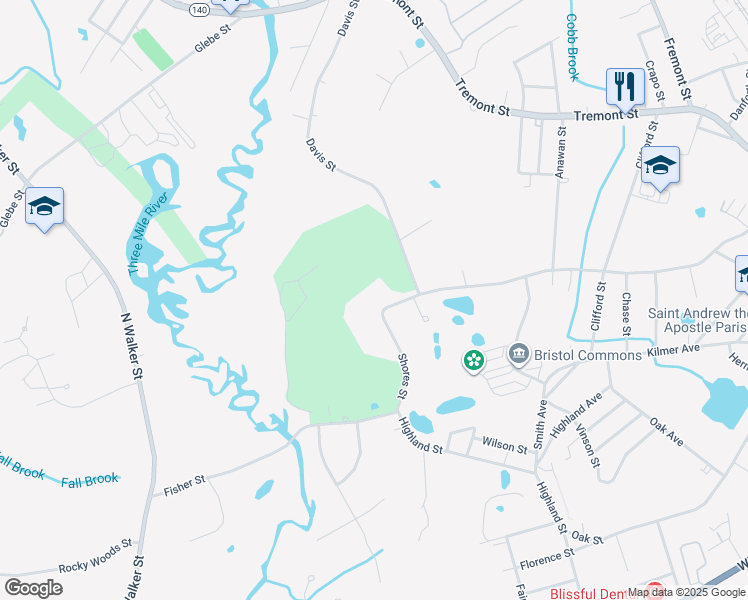map of restaurants, bars, coffee shops, grocery stores, and more near 171 Shores Street in Taunton