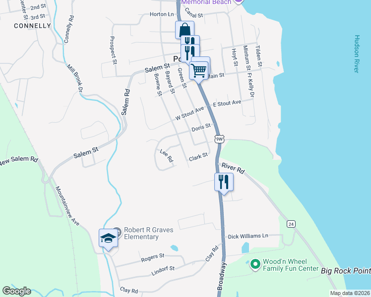 map of restaurants, bars, coffee shops, grocery stores, and more near 247 Bowne Street in Ulster Park