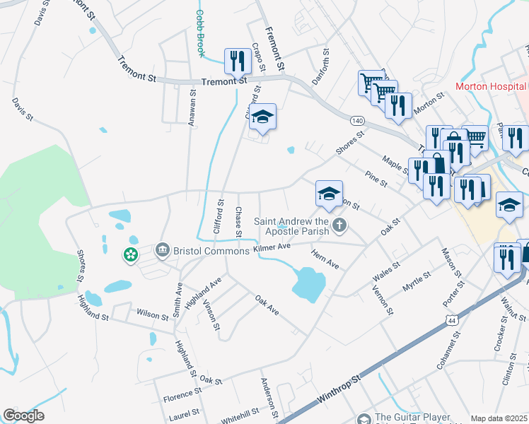 map of restaurants, bars, coffee shops, grocery stores, and more near 17 Bliss Street in Taunton