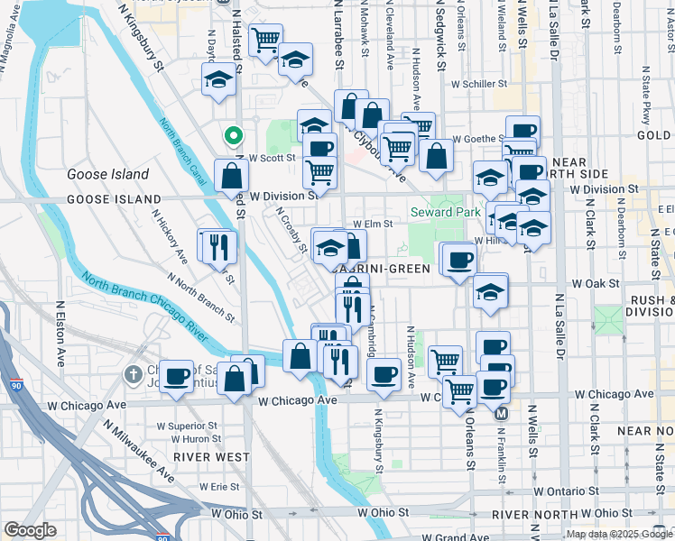 map of restaurants, bars, coffee shops, grocery stores, and more near 1018 North Larrabee Street in Chicago