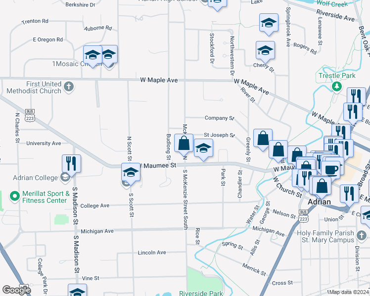 map of restaurants, bars, coffee shops, grocery stores, and more near 137 McKenzie Street North in Adrian