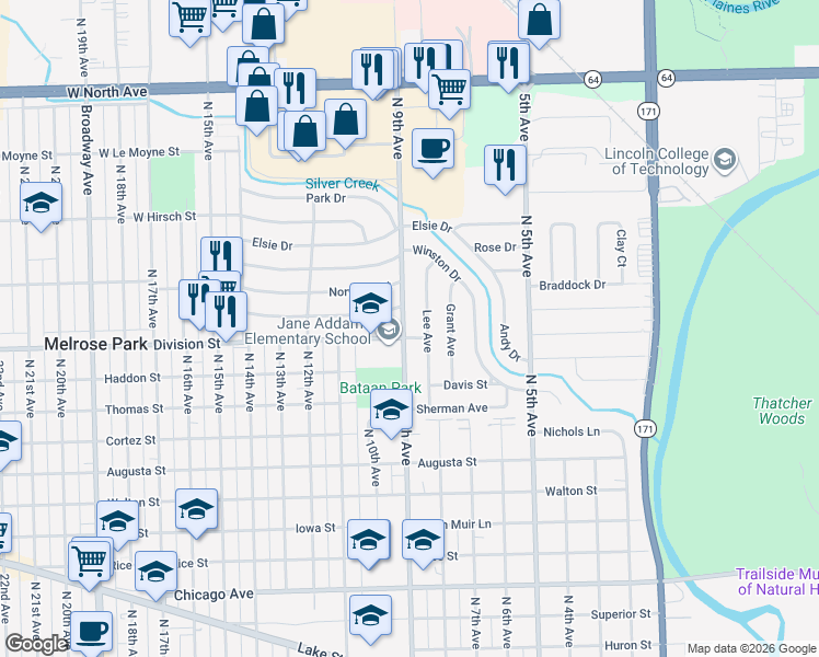 map of restaurants, bars, coffee shops, grocery stores, and more near 1511 9th Avenue in Melrose Park
