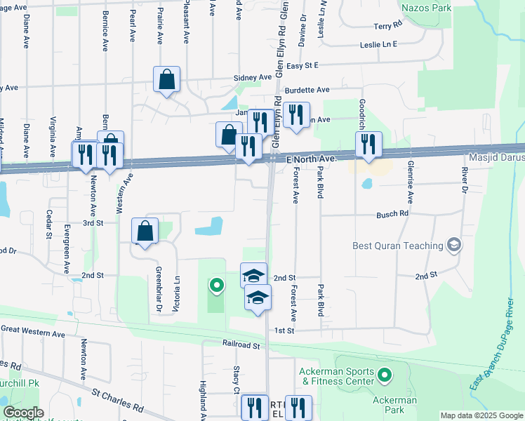 map of restaurants, bars, coffee shops, grocery stores, and more near 1142 North Main Street in Glendale Heights