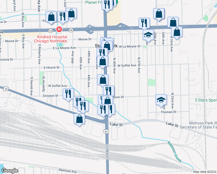 map of restaurants, bars, coffee shops, grocery stores, and more near 1629 Mannheim Road in Stone Park
