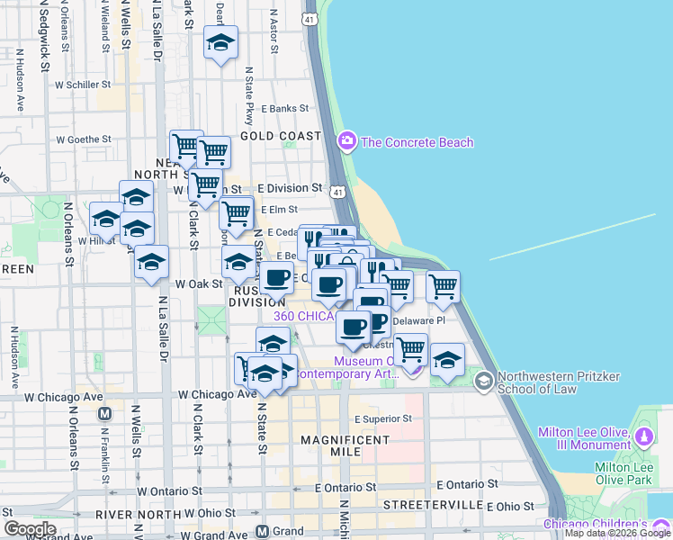 map of restaurants, bars, coffee shops, grocery stores, and more near in Chicago