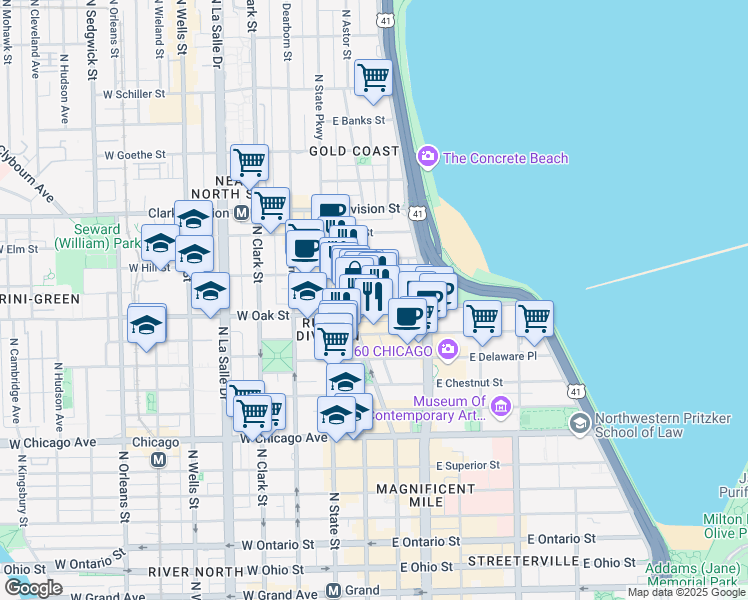map of restaurants, bars, coffee shops, grocery stores, and more near 60 East Oak Street in Chicago