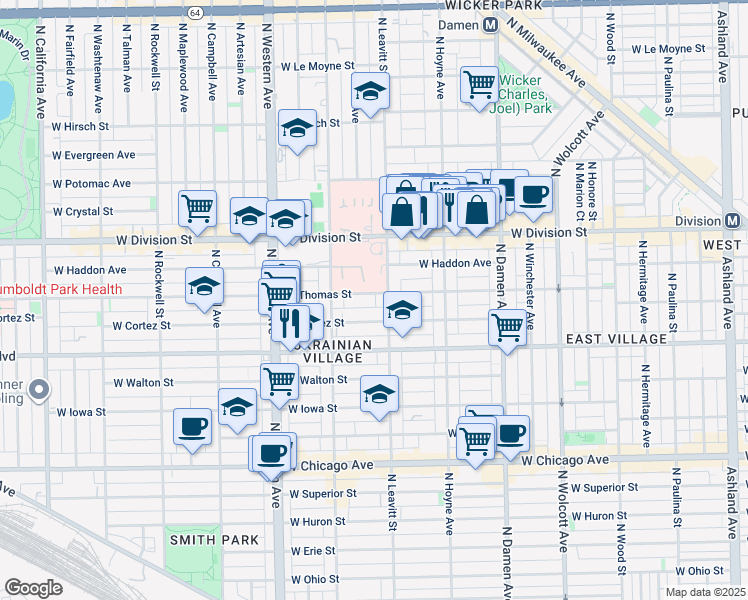 map of restaurants, bars, coffee shops, grocery stores, and more near 2215 West Thomas Street in Chicago