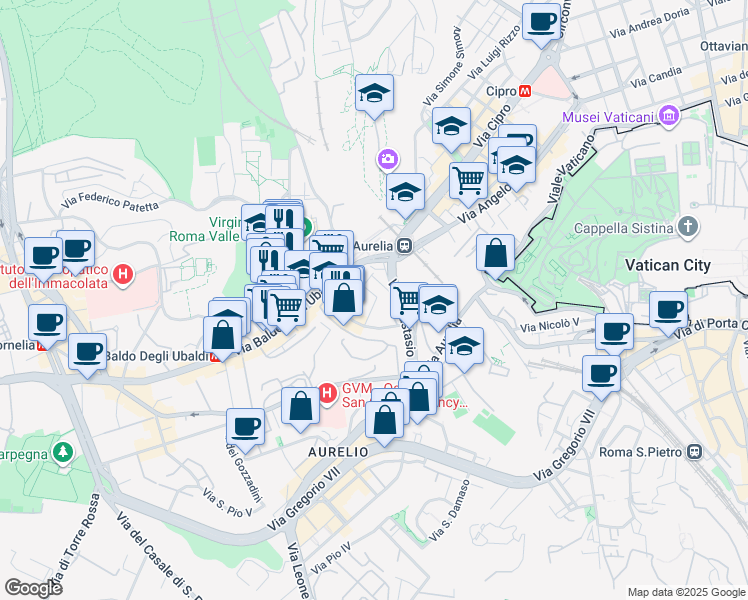 map of restaurants, bars, coffee shops, grocery stores, and more near 35 Via Giannozzo Manetti in Roma