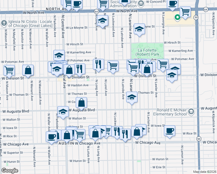 map of restaurants, bars, coffee shops, grocery stores, and more near 1121 North Lorel Avenue in Chicago