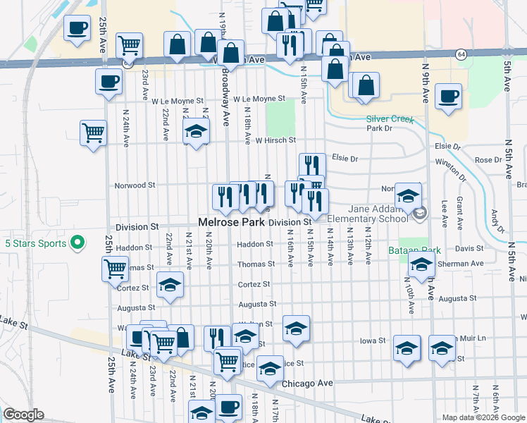 map of restaurants, bars, coffee shops, grocery stores, and more near 1510 North 17th Avenue in Melrose Park