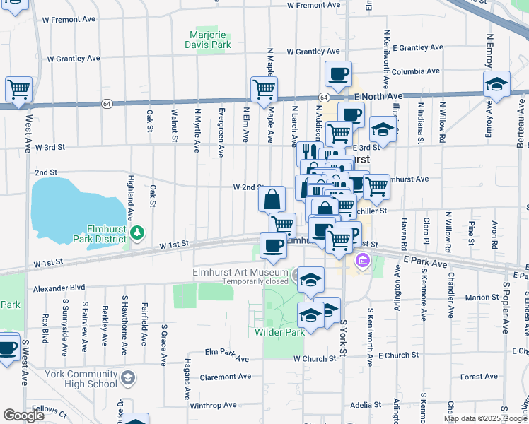 map of restaurants, bars, coffee shops, grocery stores, and more near 126 Maple Avenue in Elmhurst