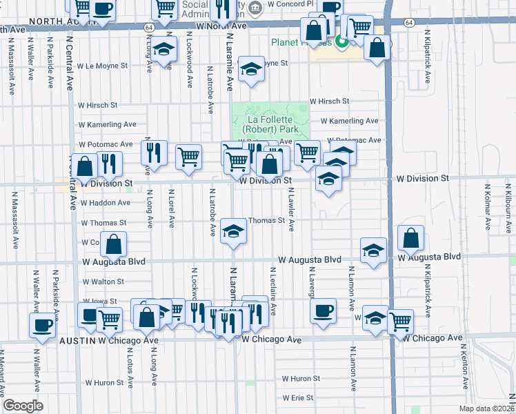 map of restaurants, bars, coffee shops, grocery stores, and more near 1121 North Leamington Avenue in Chicago