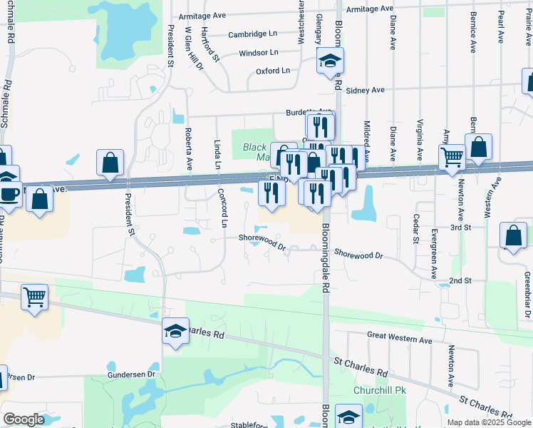 map of restaurants, bars, coffee shops, grocery stores, and more near 91 East North Avenue in Glendale Heights