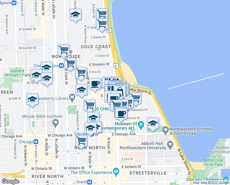map of restaurants, bars, coffee shops, grocery stores, and more near in Chicago