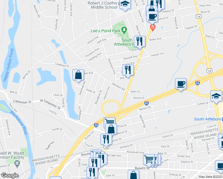 map of restaurants, bars, coffee shops, grocery stores, and more near 79 Allenson Avenue in Attleboro