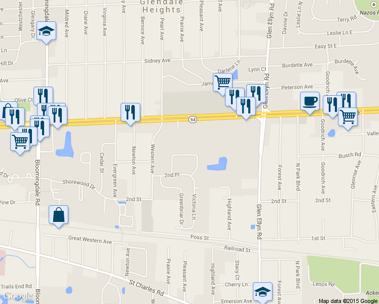 map of restaurants, bars, coffee shops, grocery stores, and more near 440 Coventry Circle in Glendale Heights