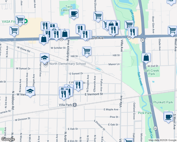 map of restaurants, bars, coffee shops, grocery stores, and more near 120 East Sunset Drive in Villa Park
