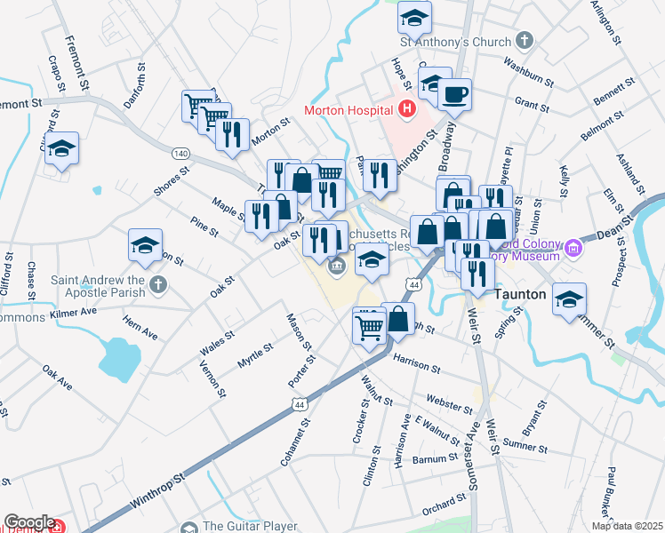 map of restaurants, bars, coffee shops, grocery stores, and more near 1 Washington Street in Taunton