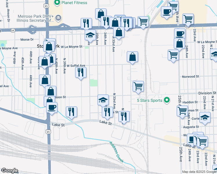 map of restaurants, bars, coffee shops, grocery stores, and more near 1527 34th Avenue in Melrose Park