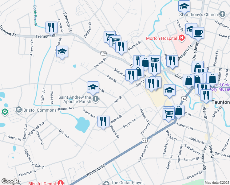 map of restaurants, bars, coffee shops, grocery stores, and more near 7 Kilton Street in Taunton