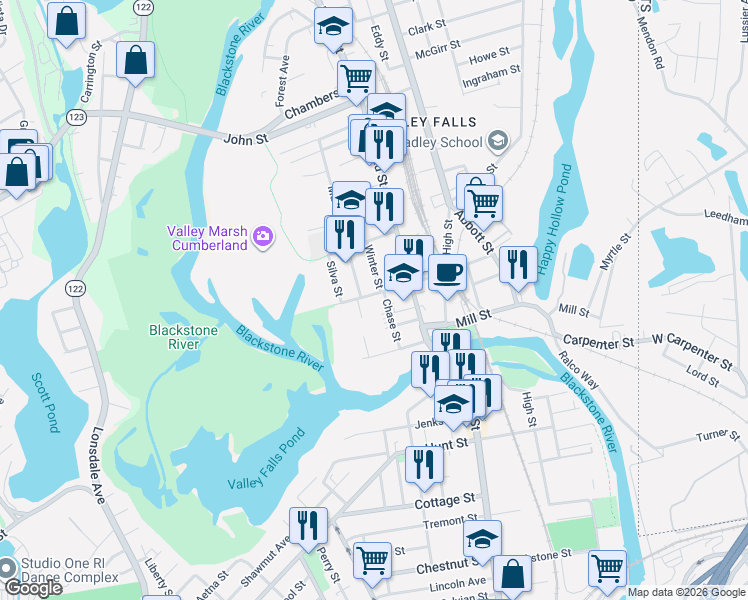 map of restaurants, bars, coffee shops, grocery stores, and more near 20 Chase Street in Cumberland