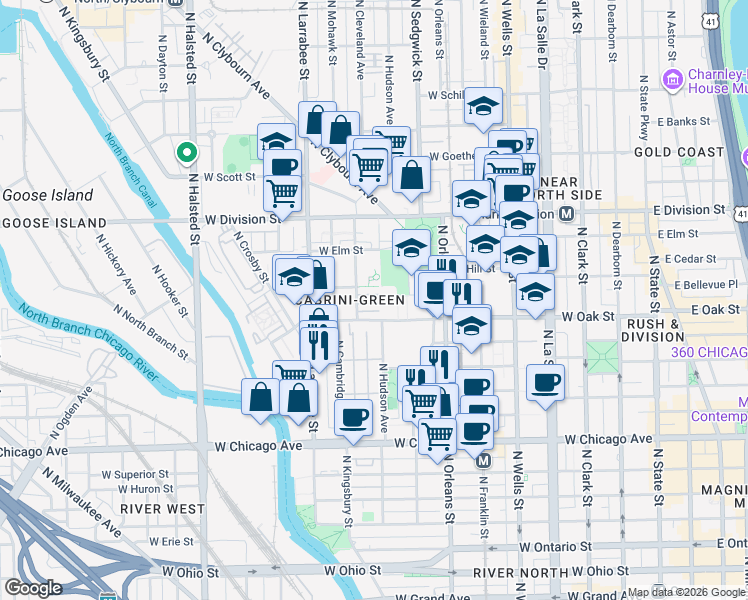 map of restaurants, bars, coffee shops, grocery stores, and more near 1017 North Cleveland Avenue in Chicago