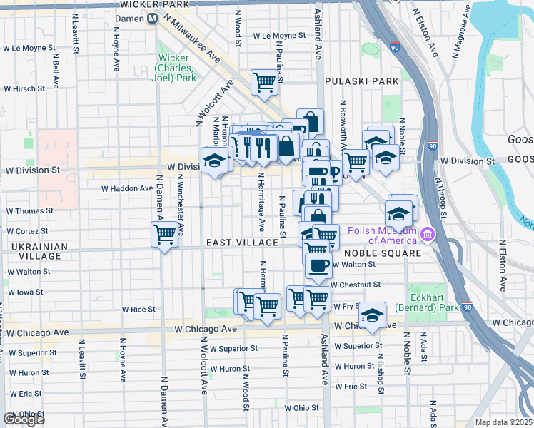 map of restaurants, bars, coffee shops, grocery stores, and more near 1716 West Cortez Street in Chicago