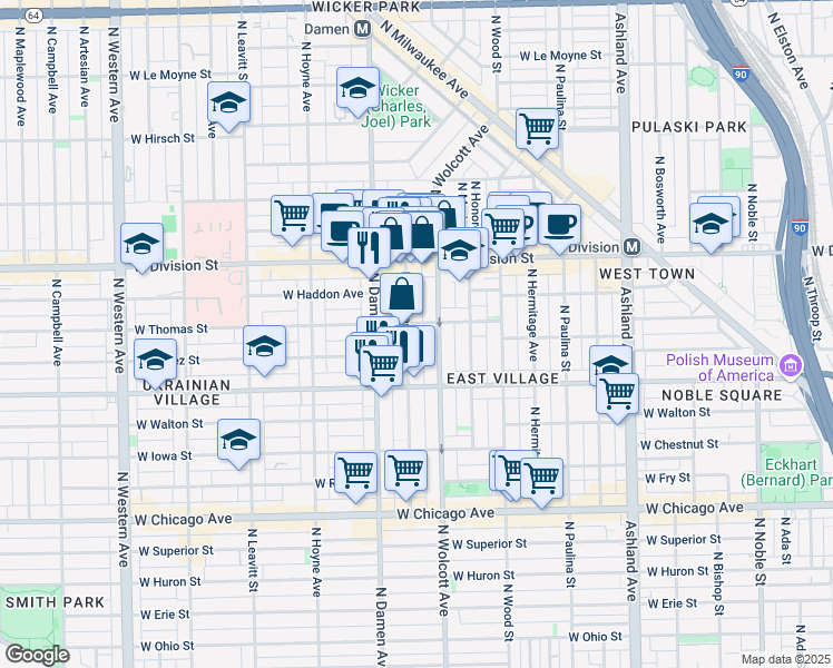 map of restaurants, bars, coffee shops, grocery stores, and more near 1048 North Wolcott Avenue in Chicago