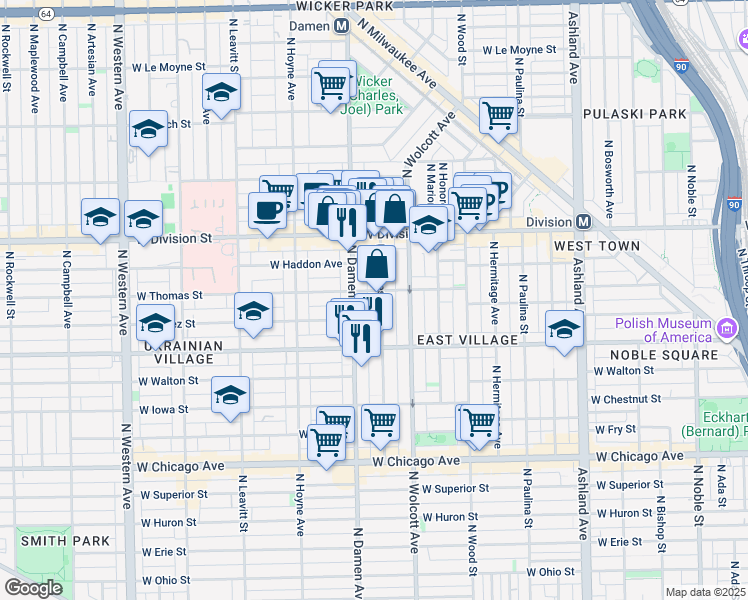 map of restaurants, bars, coffee shops, grocery stores, and more near in Chicago