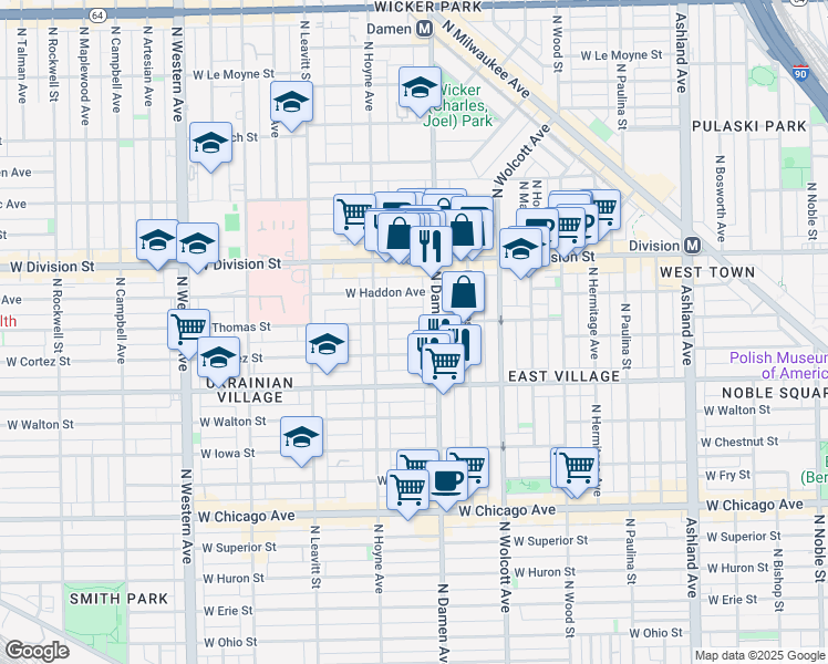 map of restaurants, bars, coffee shops, grocery stores, and more near 2019 West Thomas Street in Chicago