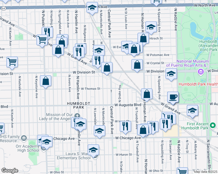 map of restaurants, bars, coffee shops, grocery stores, and more near 1100 North Central Park Avenue in Chicago