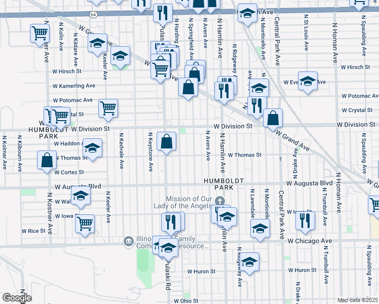 map of restaurants, bars, coffee shops, grocery stores, and more near 1101 North Harding Avenue in Chicago