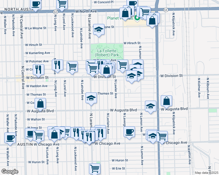 map of restaurants, bars, coffee shops, grocery stores, and more near 1117 North Leclaire Avenue in Chicago