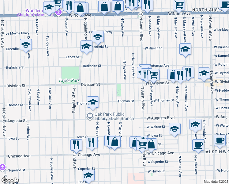 map of restaurants, bars, coffee shops, grocery stores, and more near 822 North Lombard Avenue in Oak Park