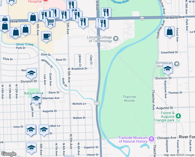 map of restaurants, bars, coffee shops, grocery stores, and more near 100 Division Street in Melrose Park