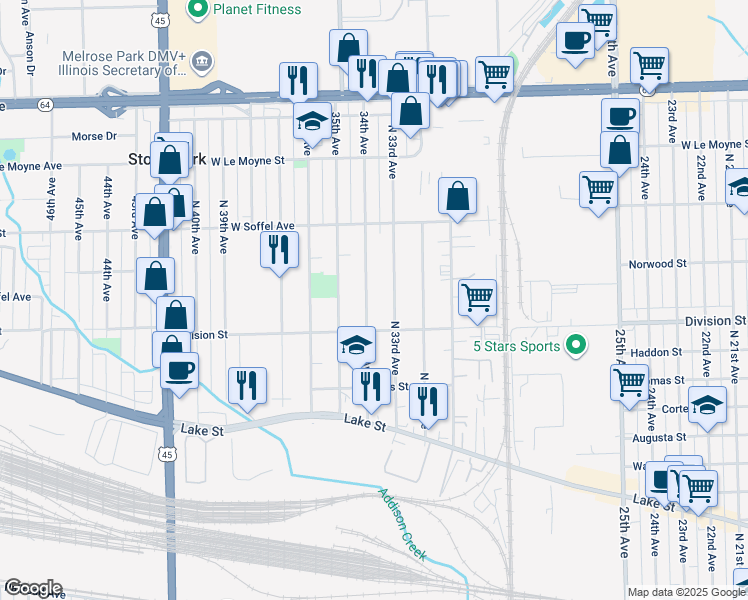 map of restaurants, bars, coffee shops, grocery stores, and more near 1527 34th Avenue in Melrose Park