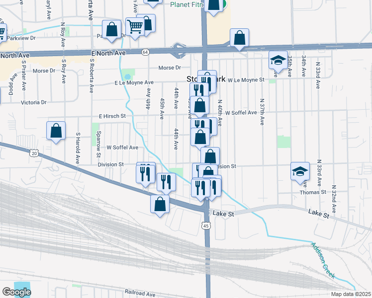 map of restaurants, bars, coffee shops, grocery stores, and more near 1615 43rd Avenue in Stone Park