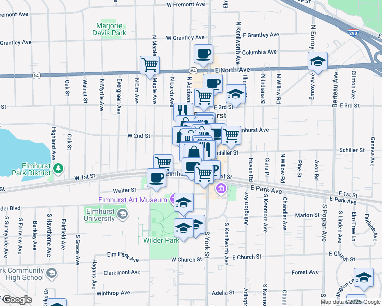 map of restaurants, bars, coffee shops, grocery stores, and more near 128 North Addison Avenue in Elmhurst