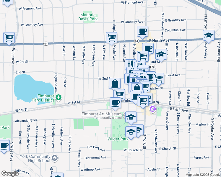 map of restaurants, bars, coffee shops, grocery stores, and more near 126 Maple Avenue in Elmhurst