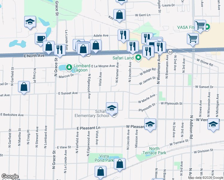 map of restaurants, bars, coffee shops, grocery stores, and more near 634 Parker Drive in Lombard
