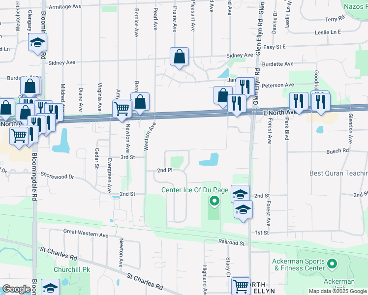 map of restaurants, bars, coffee shops, grocery stores, and more near 440 Coventry Circle in Glendale Heights