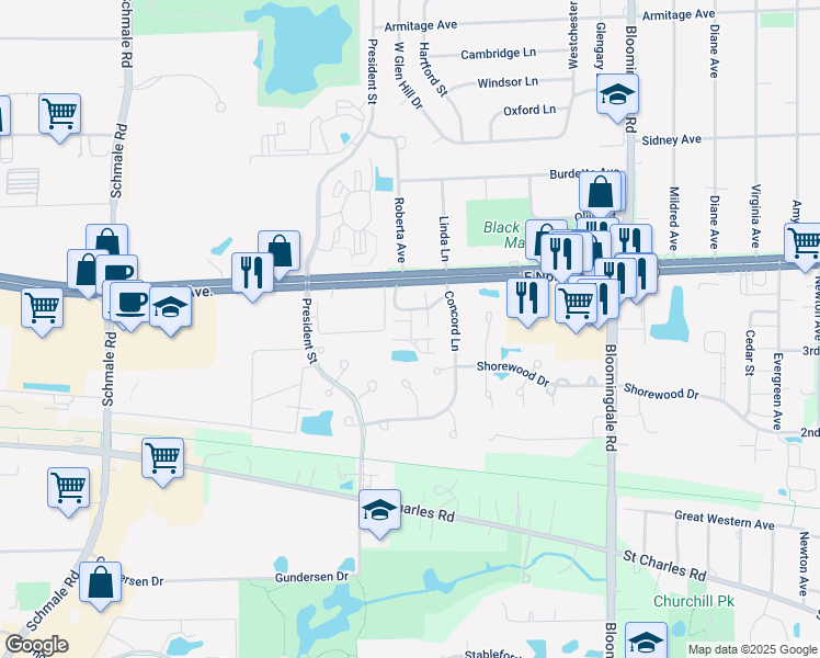 map of restaurants, bars, coffee shops, grocery stores, and more near 1112 Andover Court in Glendale Heights
