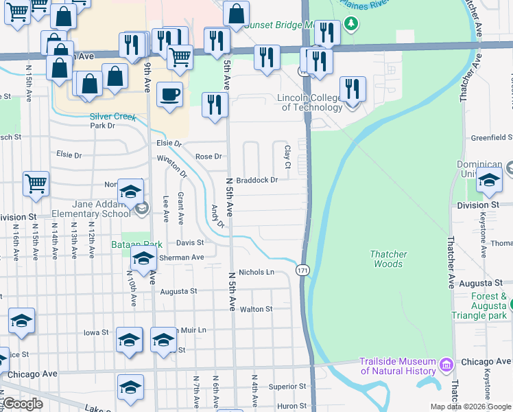 map of restaurants, bars, coffee shops, grocery stores, and more near 305 Division Street in Melrose Park