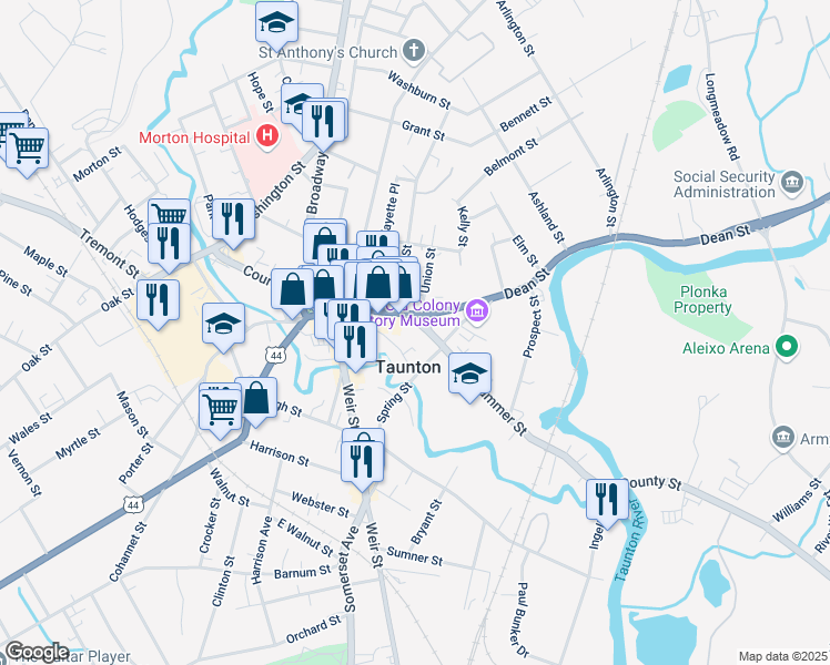 map of restaurants, bars, coffee shops, grocery stores, and more near 15 Summer Street in Taunton