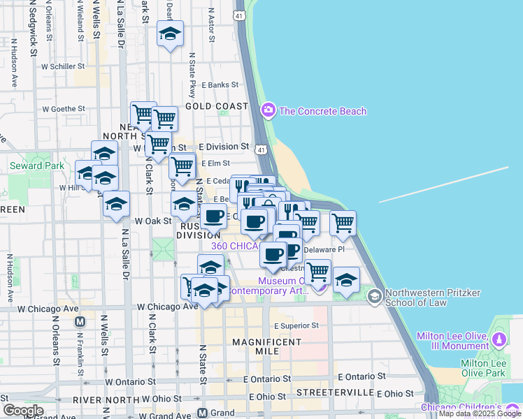map of restaurants, bars, coffee shops, grocery stores, and more near 1000 North Michigan Avenue in Chicago
