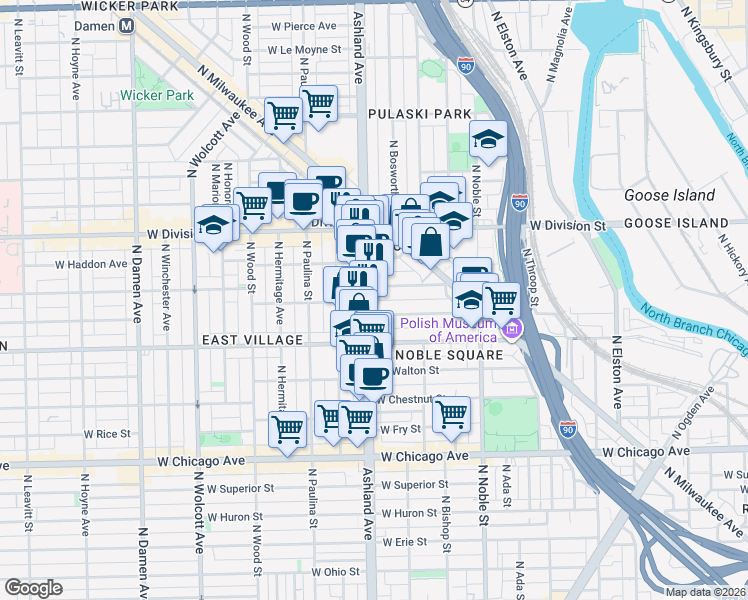 map of restaurants, bars, coffee shops, grocery stores, and more near 1038 North Ashland Avenue in Chicago
