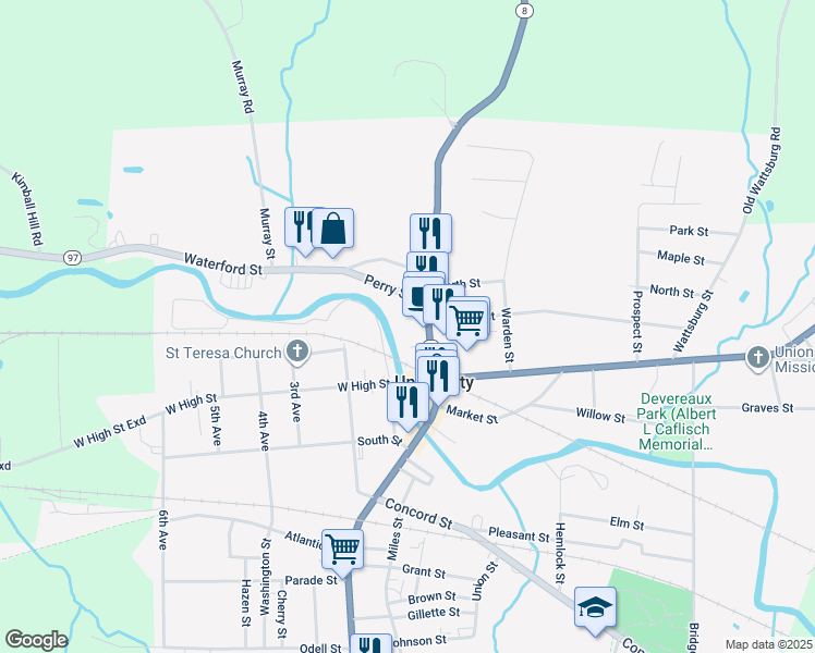 map of restaurants, bars, coffee shops, grocery stores, and more near 68 North Main Street in Union City