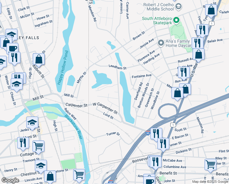 map of restaurants, bars, coffee shops, grocery stores, and more near 99 Knoll Street in Attleboro