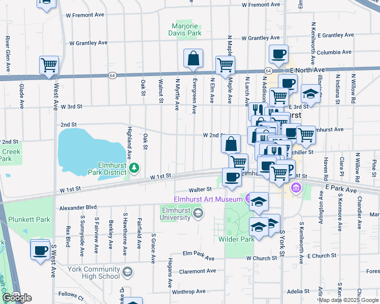 map of restaurants, bars, coffee shops, grocery stores, and more near 132 Evergreen Avenue in Elmhurst