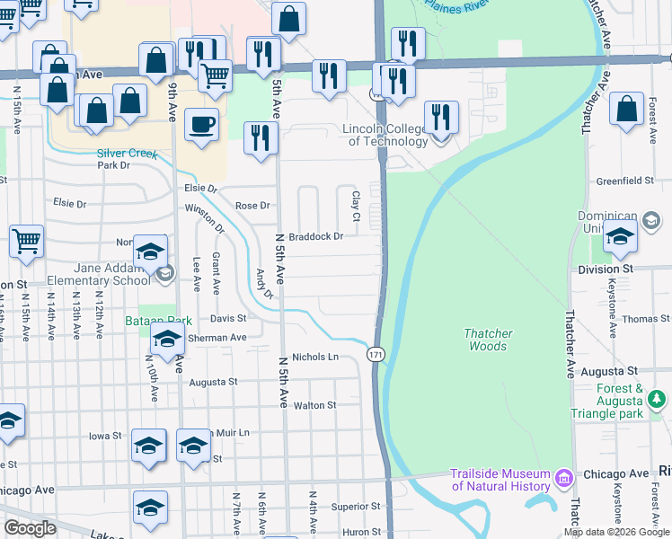 map of restaurants, bars, coffee shops, grocery stores, and more near 261 Division Street in Melrose Park